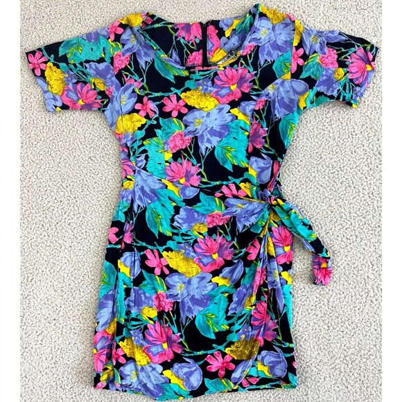 Vintage 90s Dress 90s Short Sleeve Floral Tie Mini Dopamine Dressing - Picture 1 of 16